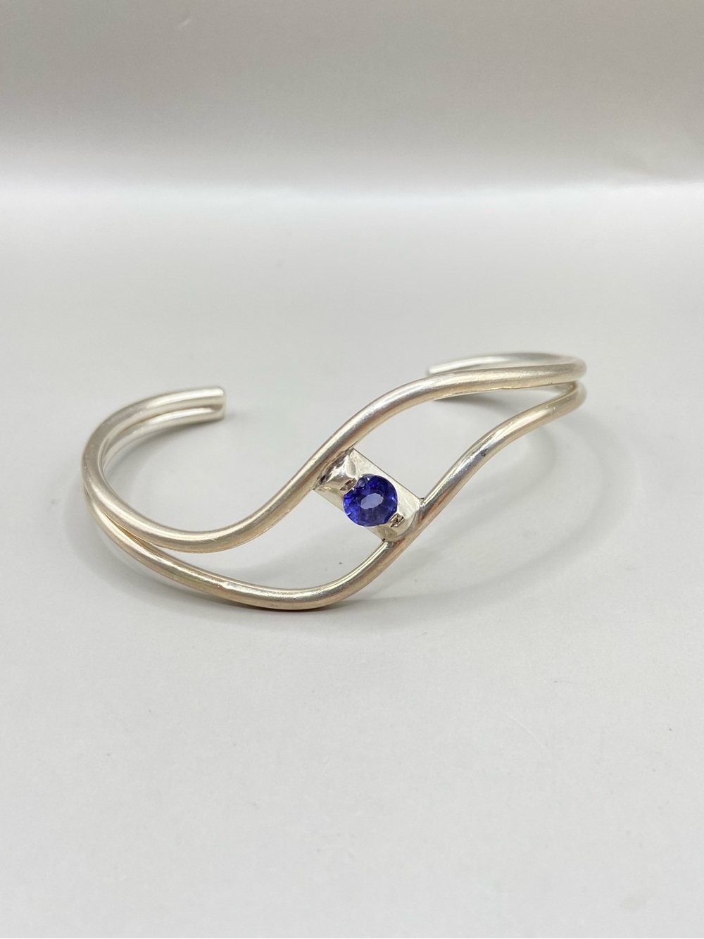 Artisan Made Sterling Silver Blue Glass Openwork Wave Cuff Bracelet